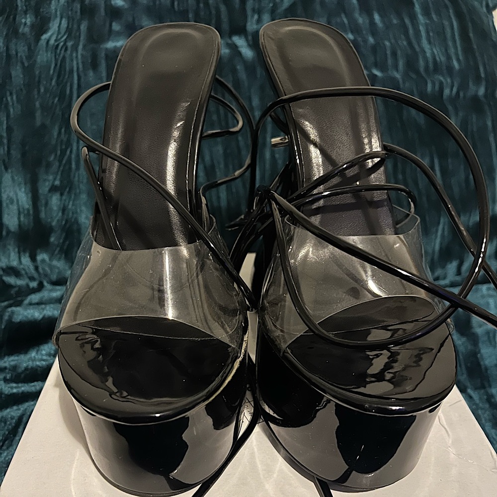 MISSGUIDED Black Patent Clear Strap Platform heels